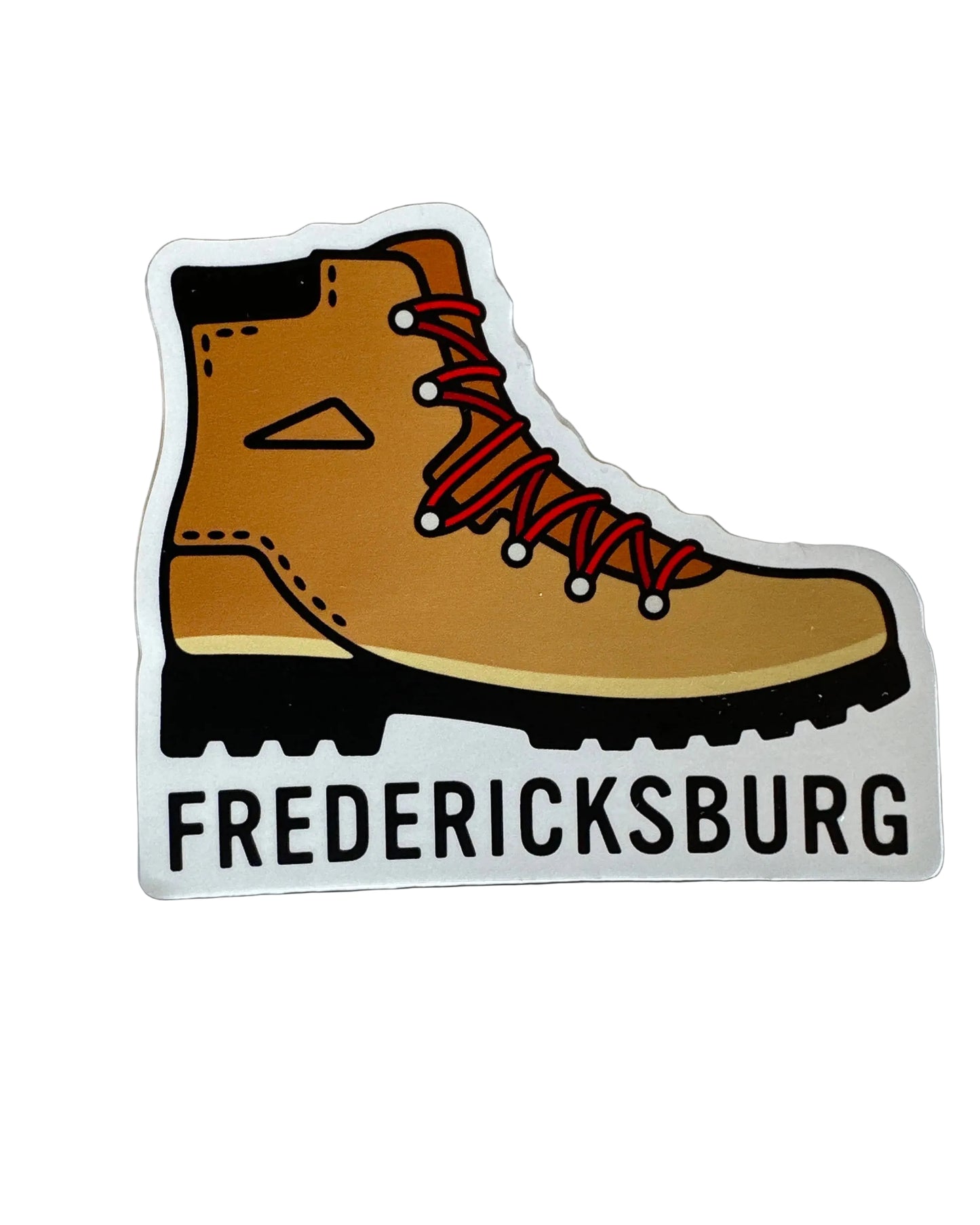 Hiking boot sticker: brown boot with red laces, FREDERICKSBURG text