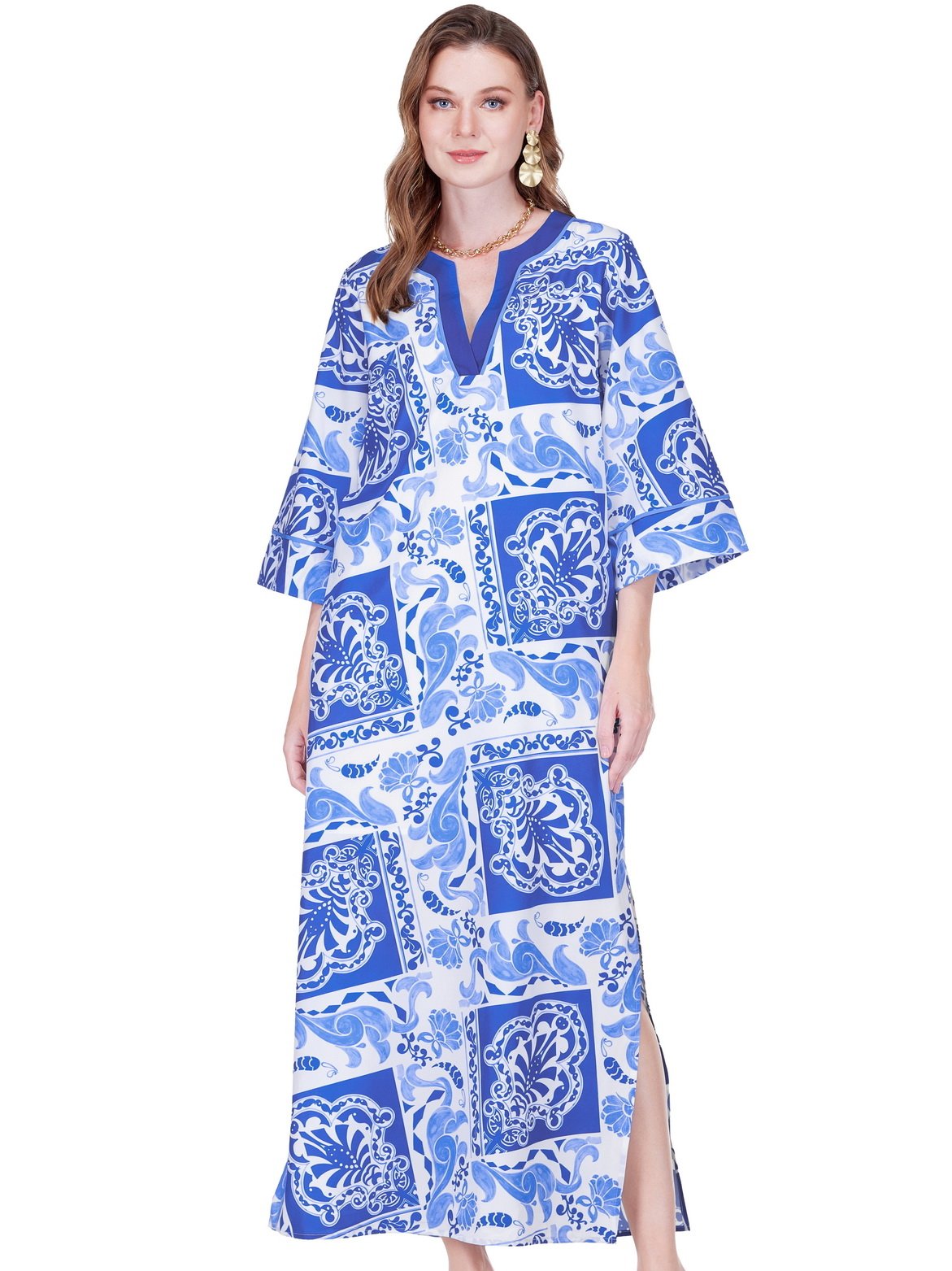 Trimmed Maxi - Cerulean Tiles dress with blue geometric tile print by JADE, Fredericksburg TX boutique