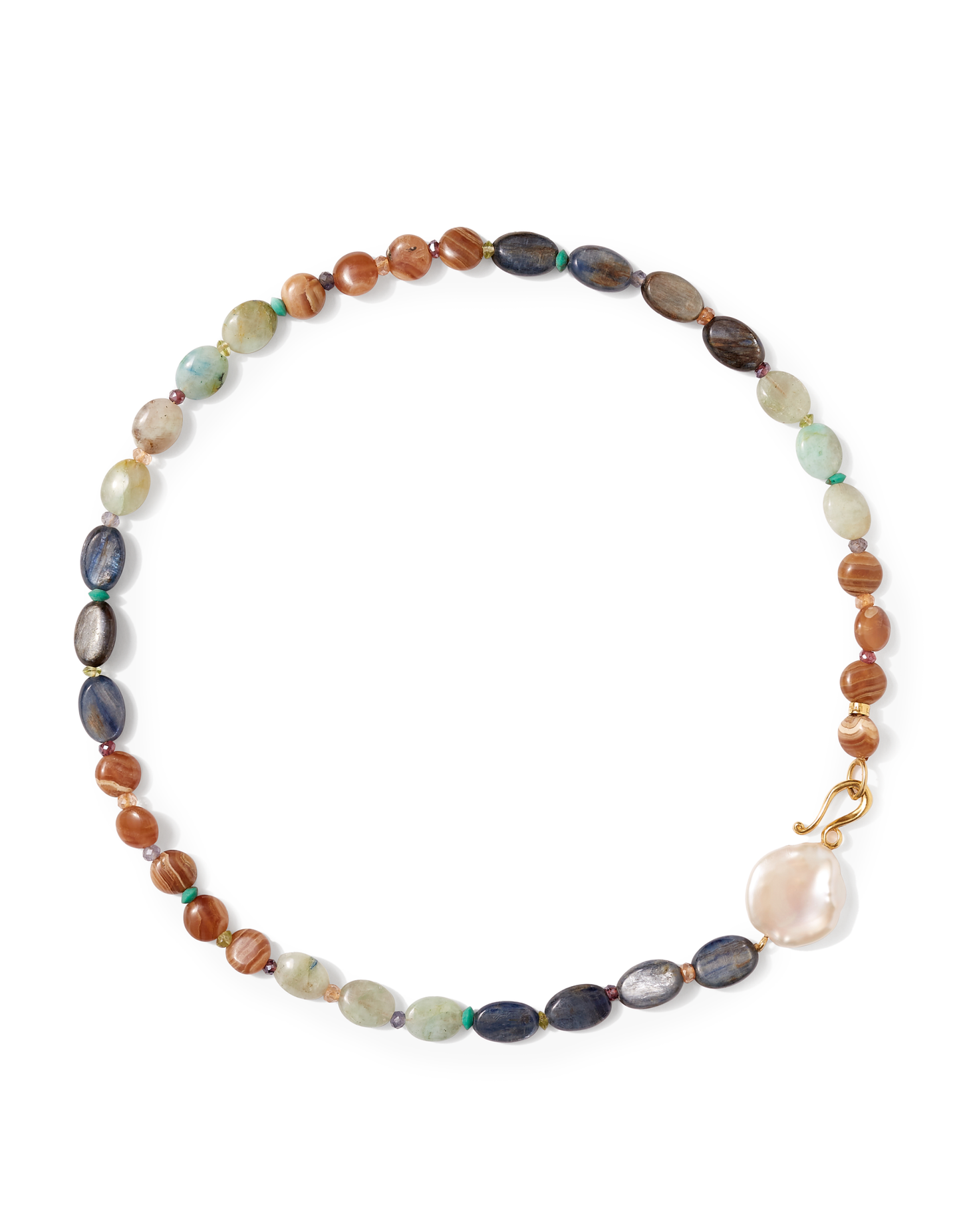 Kyanite/Cuprite/Rhodo Neck featuring polished multi-colored gemstone beads and a unique freshwater pearl clasp, embodying effortless Hill Country style and premium craftsmanship.