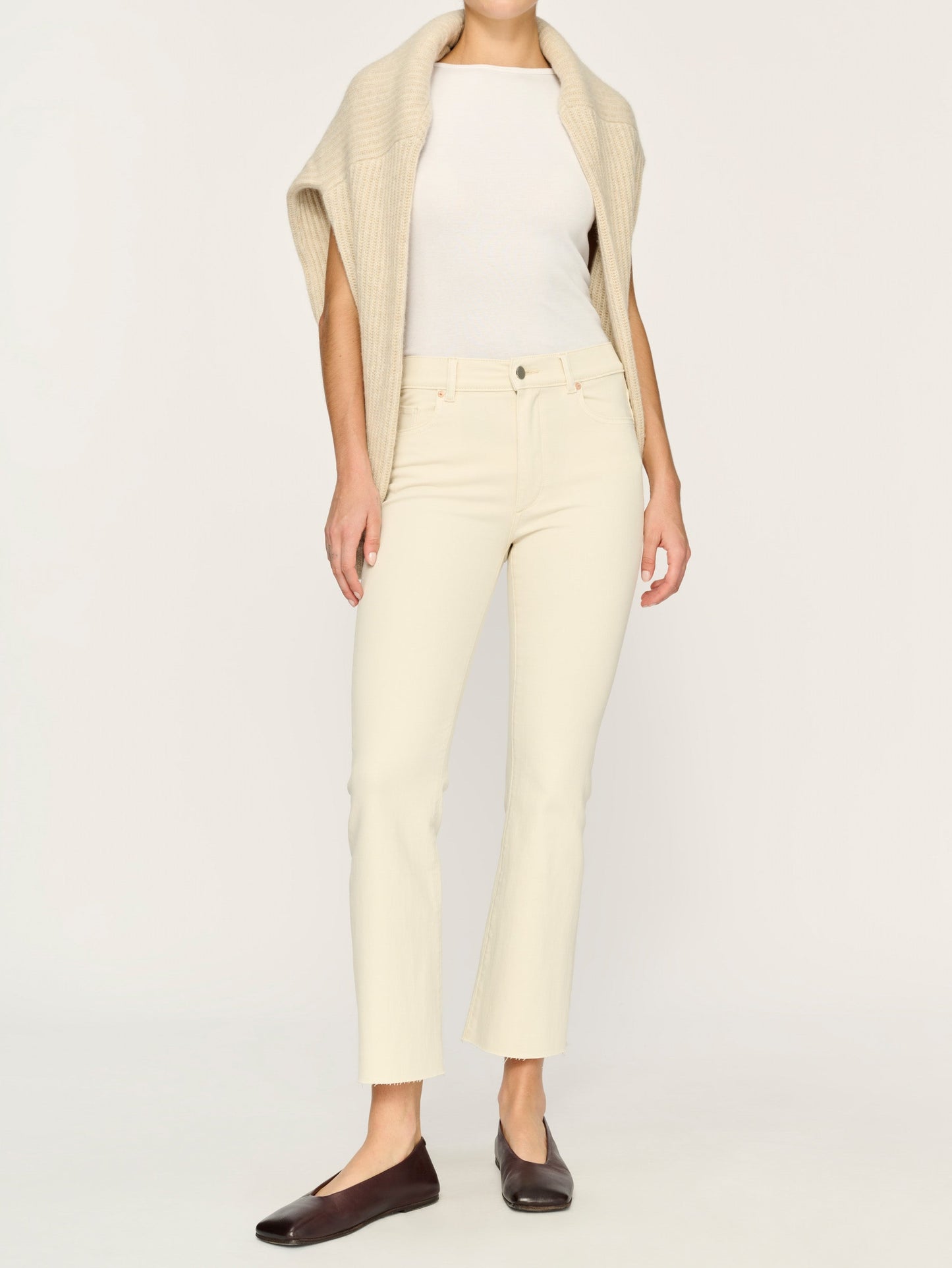 Bridget Boot jeans in Flax, light cream bootcut with cuffed hem