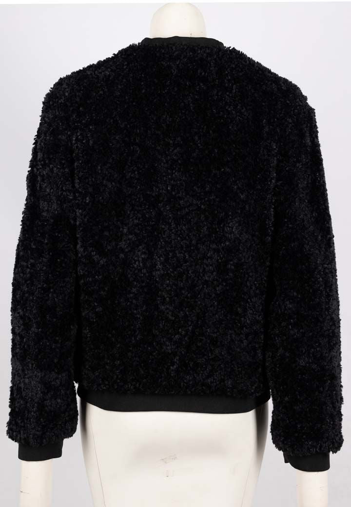 Black sherpa jacket back view with ribbed hem and collar