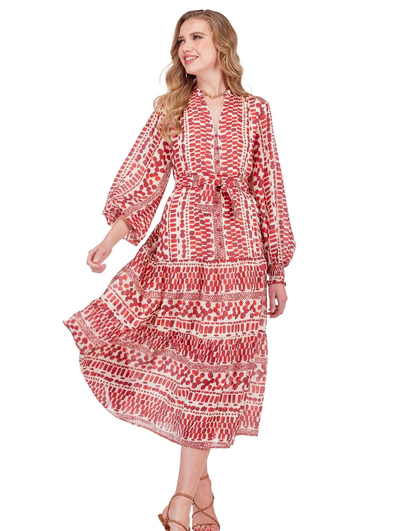 Front Split Buttons Midi Dress - Crimson Rhythm