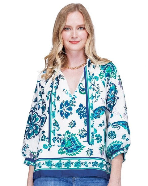 Ruched Neck Peasant Top - Blue Whisper