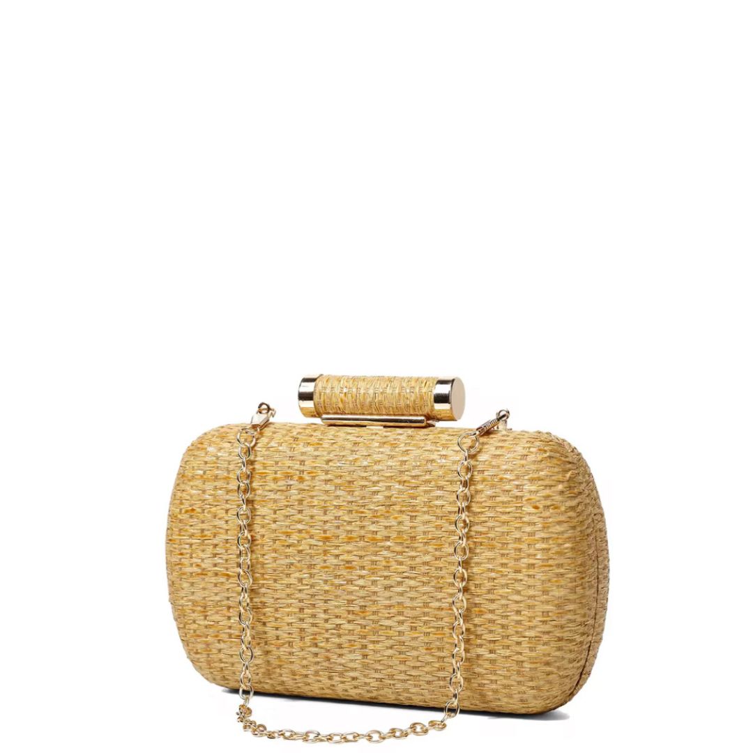 Bermuda Clutch in natural woven straw with gold-plated clasp and chain by ACCESSORY CONCIERGE