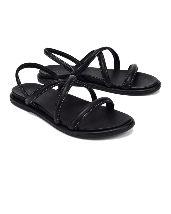 Tiare Strappy - W black leather sandal with cushioned sole and sleek straps by OLUKAI at HCO