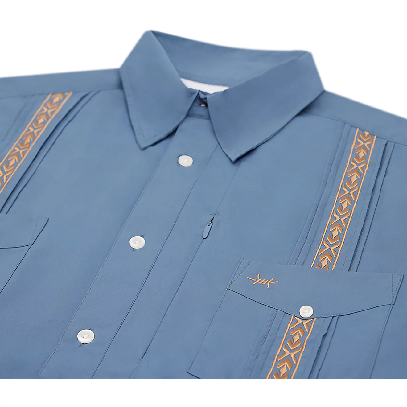 Guayabera Libre - Estrella short sleeve shirt in gray and blue with embroidered details curated Fredericksburg