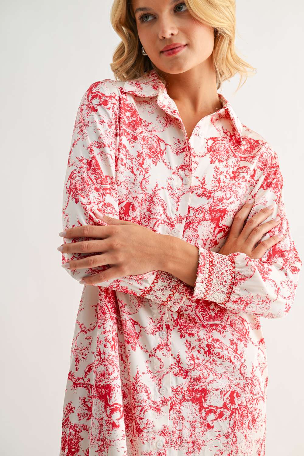 Janett Dress with red floral toile design, classic collar, and long sleeves by JOH APPAREL