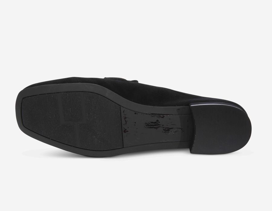 Shaine black suede mule outsole view with low heel
