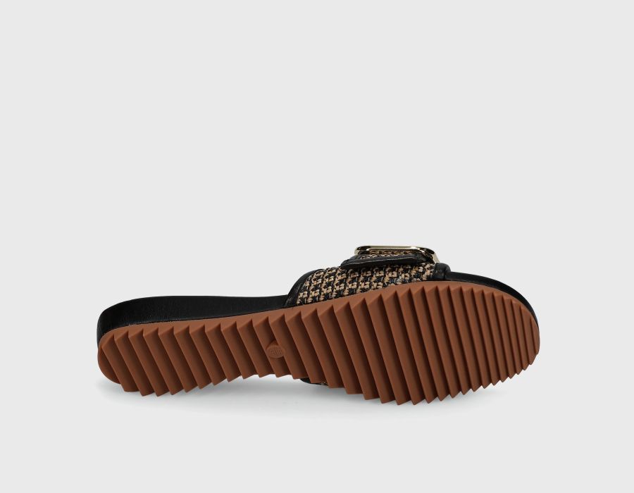 Adya - Black Beige Ottorafia slide sandal by VANELI with geometric bouclé and treaded rubber sole