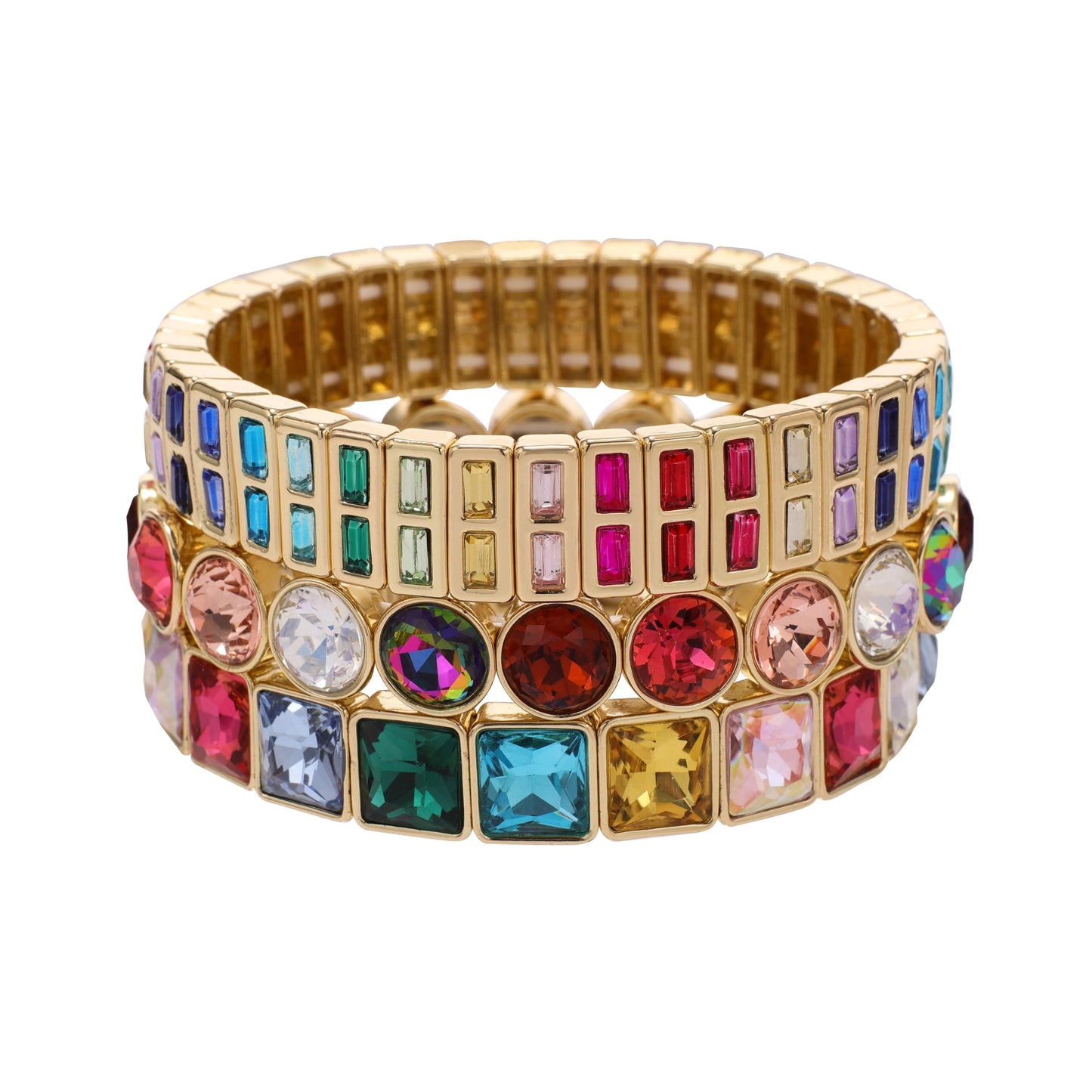 Rainbow Stack Set stretch bracelet with multicolor crystals in polished gold tone from TREASURE JEWELS