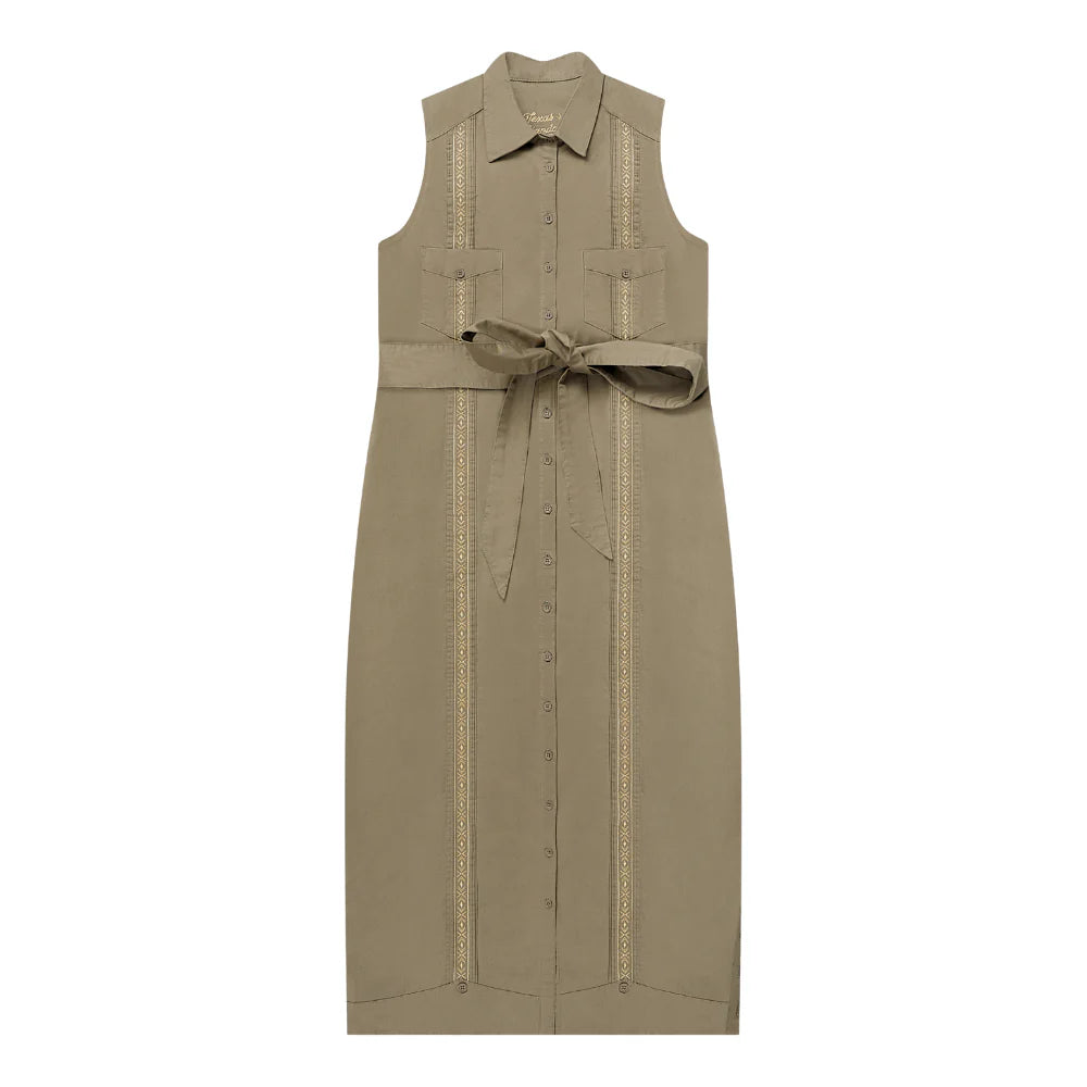 Tejas Guayabera Dress Midi Length in brown geometric beige cotton blend with waist tie by TEXAS STANDARD