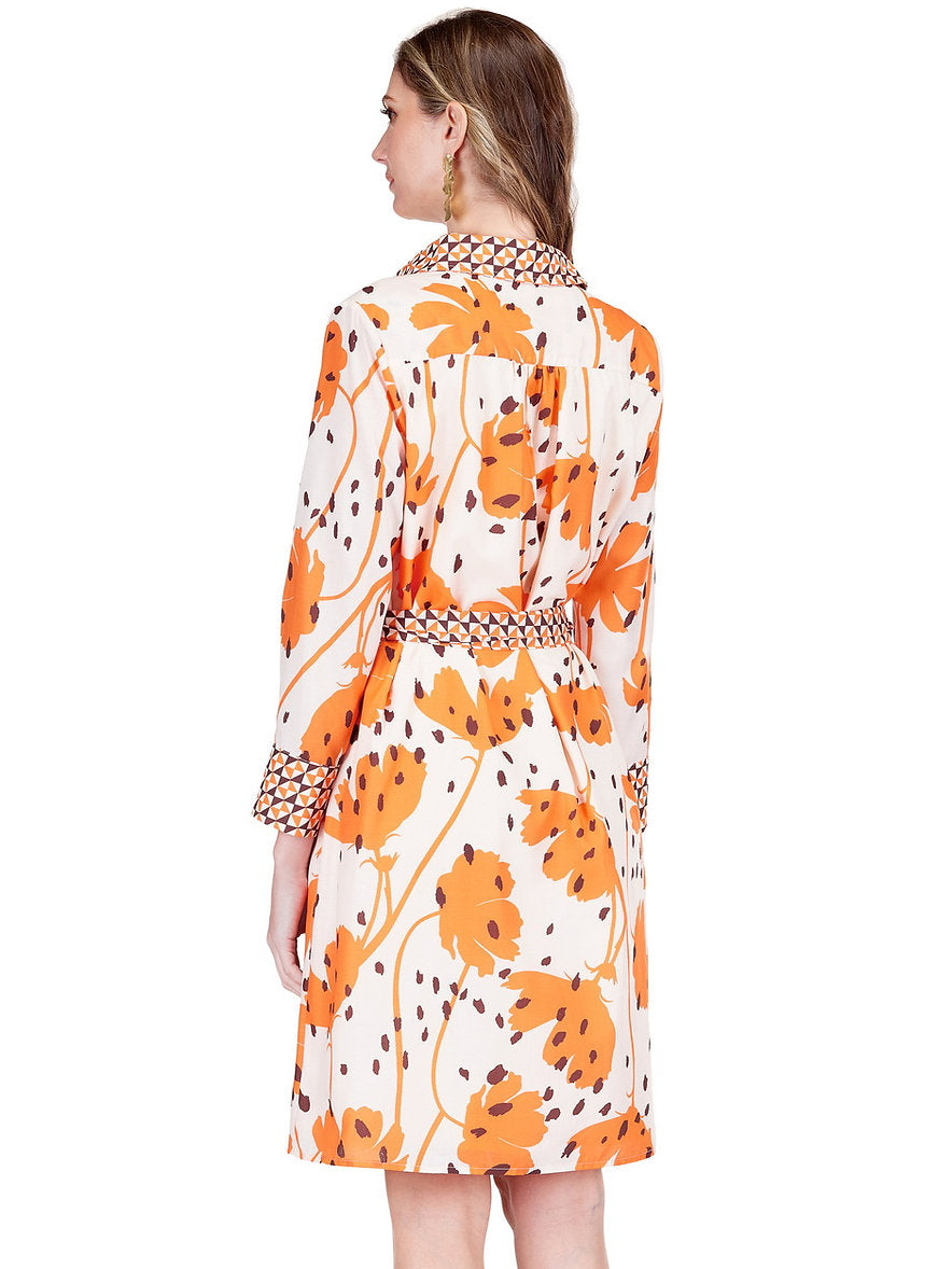 Back of Wild Ember contrast shirtdress, waist tie belt, long sleeves, button front