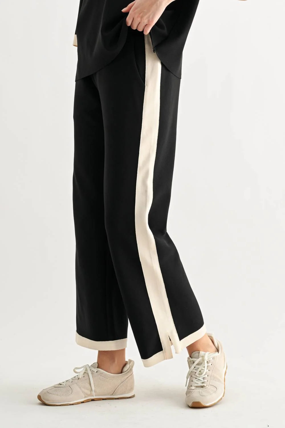 Kristopher Pant - Black by JOH APPAREL, wide-leg black pants with cream side stripes