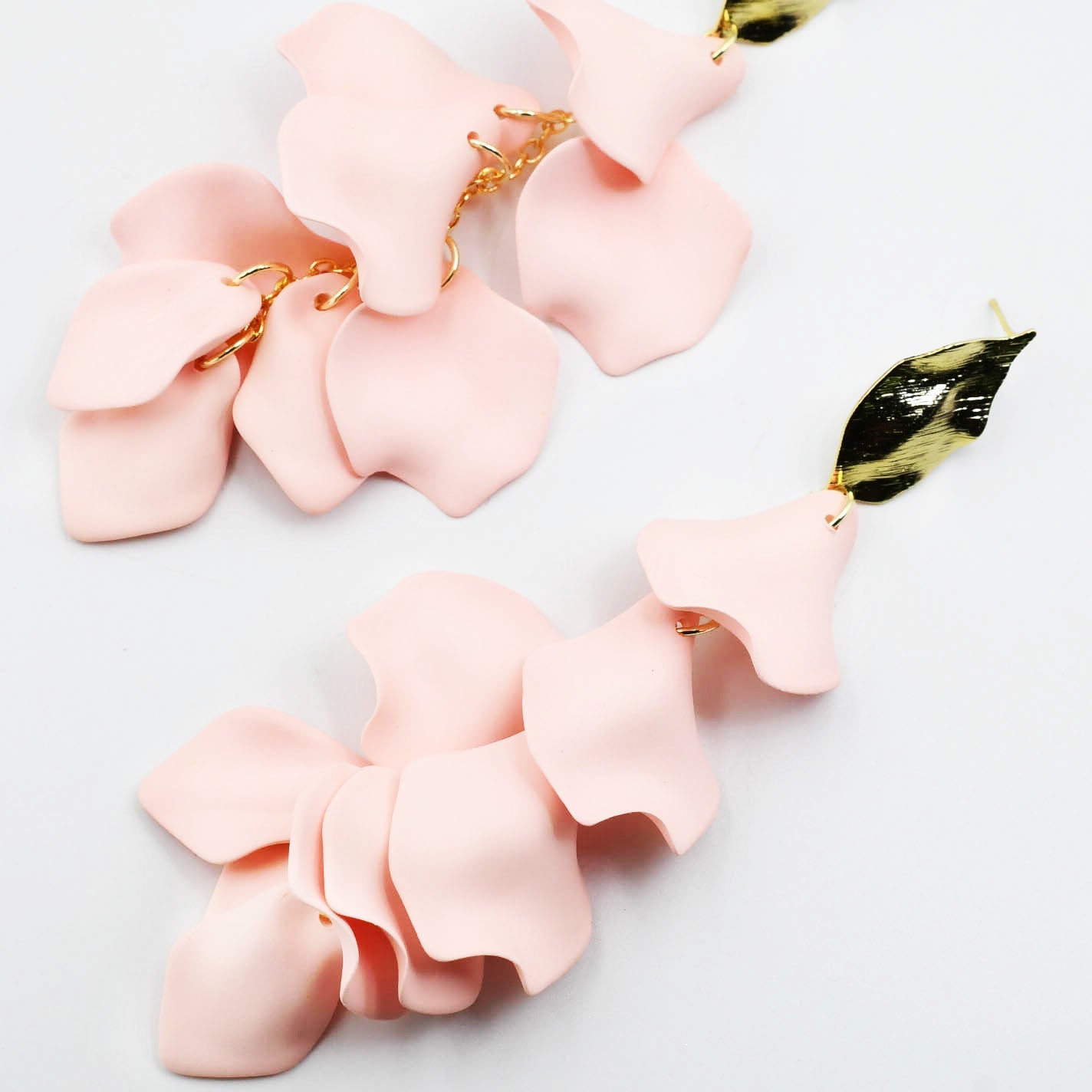 Dangle Petals Baby Pink D63 earrings with layered pink petals and gold leaf, Treasure Jewels, Fredericksburg TX