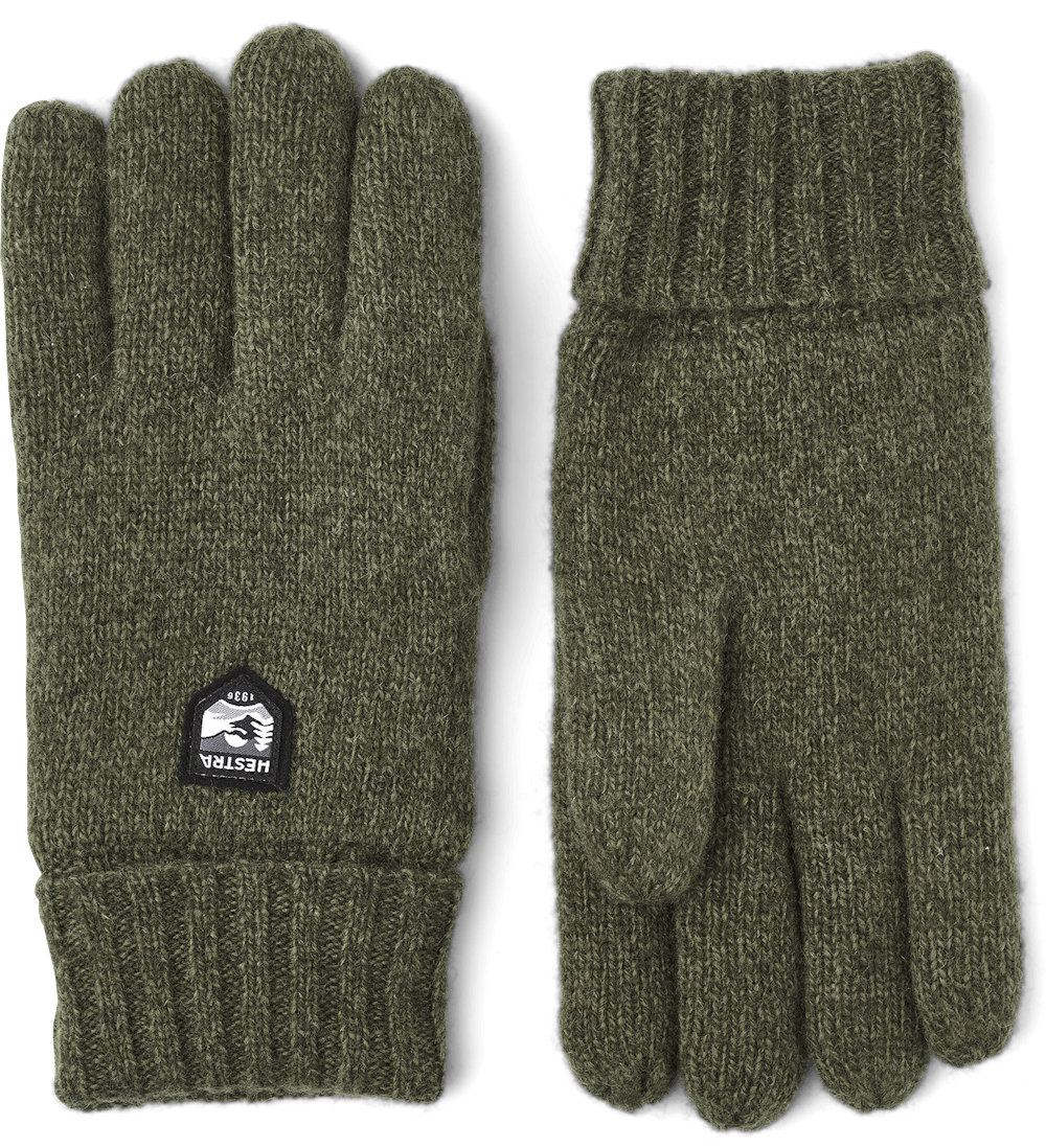 Pair of olive green Basic Wool Glove with ribbed cuffs, featuring a small brand patch, perfect for durable and stylish cold-weather wear.