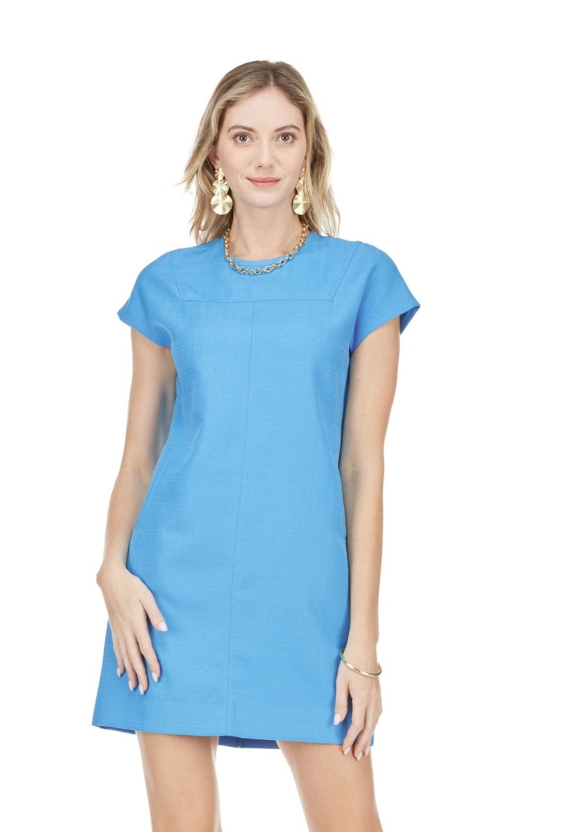 Stitches Sheath Dress in vibrant blue with cap sleeves, minimalist design, JADE Women's collection
