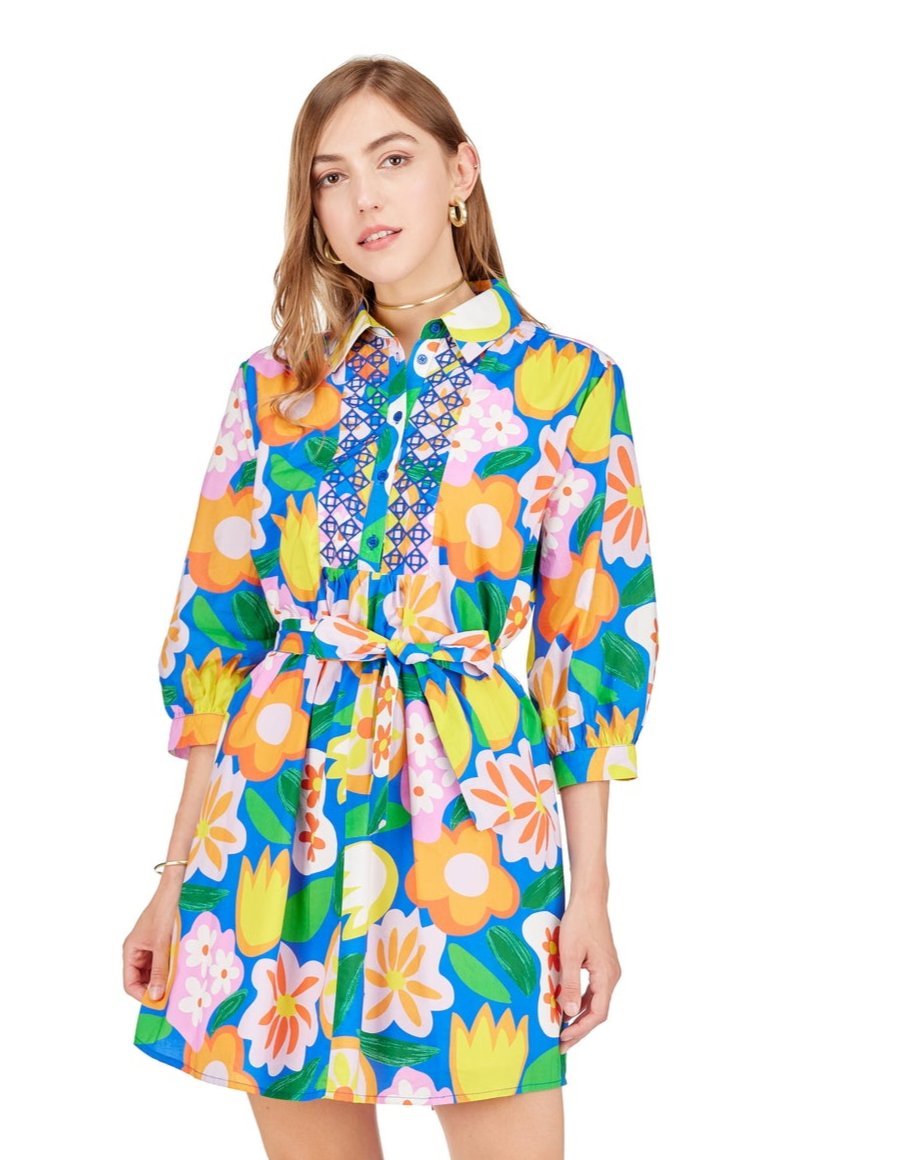 Embroidered Shirt Dress in vibrant floral pattern with belted waist, joyful and curated style