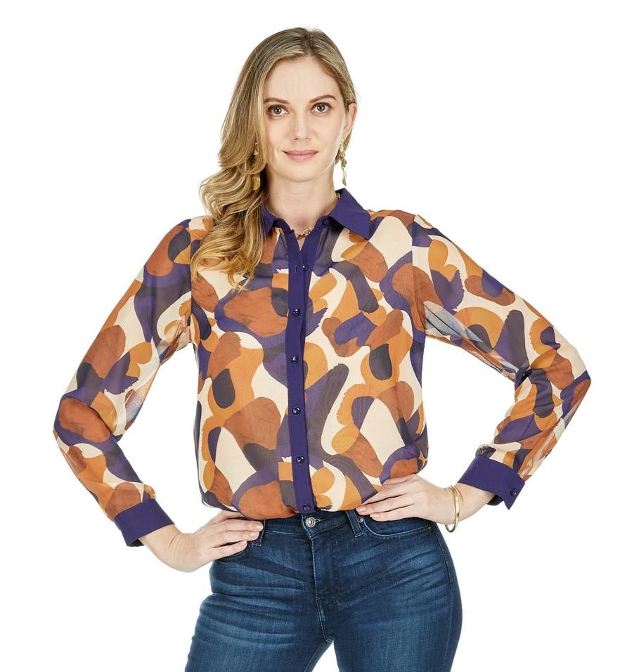 Contrast Button Front Blouse in warm brown and navy abstract print, JADE, Fredericksburg boutique
