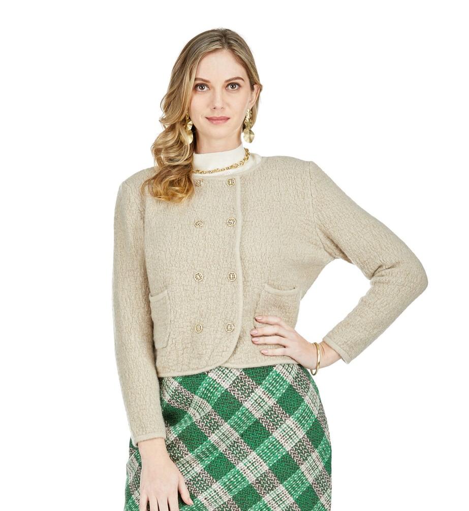 Knitted Jacket in soft beige with button details, curated womens jackets Fredericksburg boutique