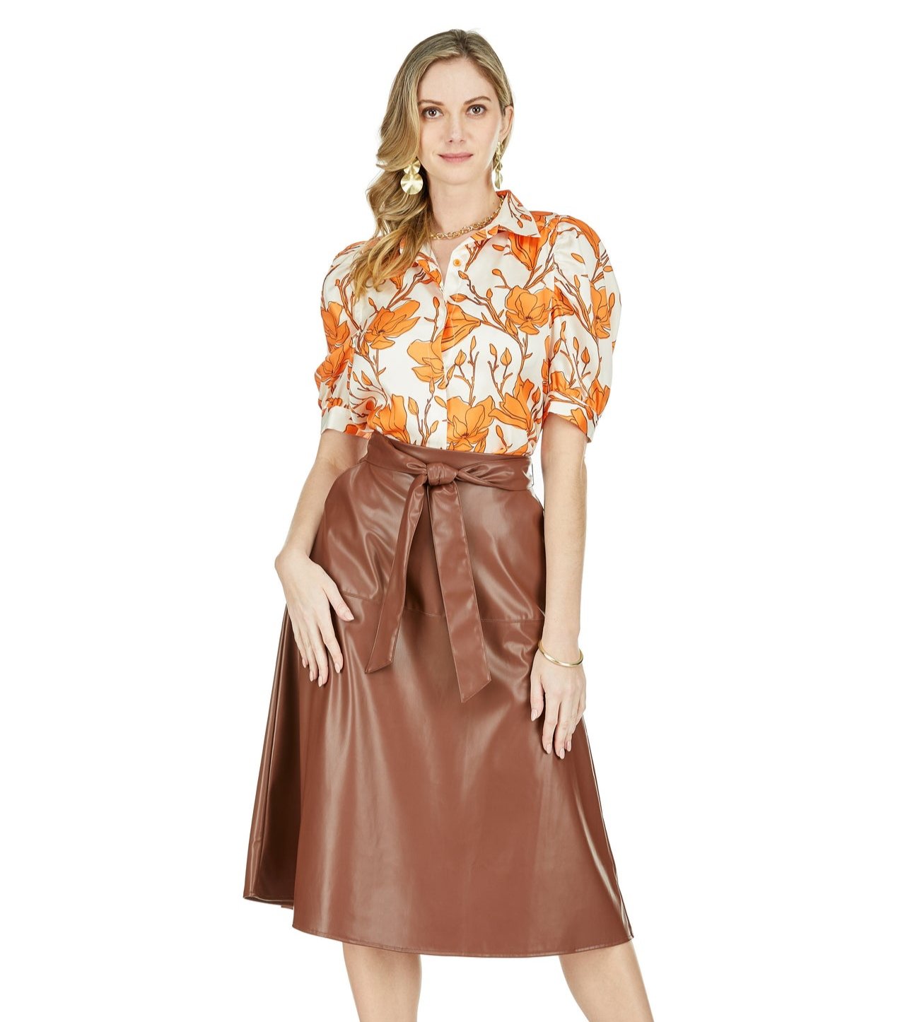 Pleather Midi Skirt in warm brown with waist tie, from JADE, curated Fredericksburg boutique style
