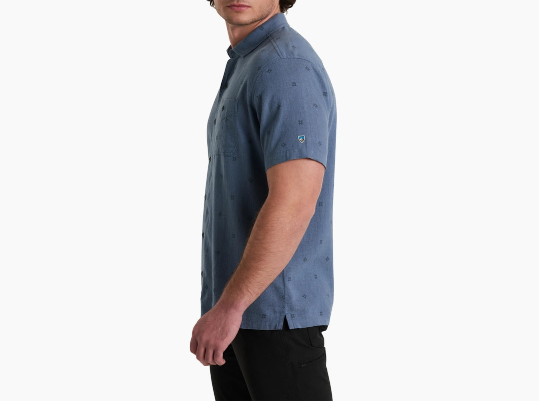 Getaway SS - Dusk Blue men's shirt by KUHL with stretch, UV protection, and geometric pattern