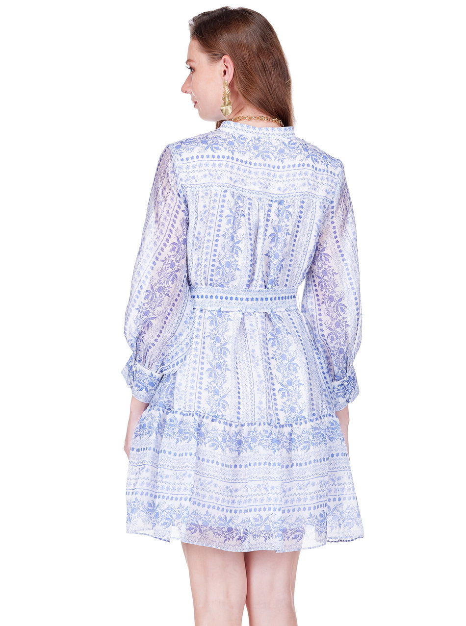 Front Split Buttons Dress - Porcelain Garden with belted waist and long sleeves by JOY JOY