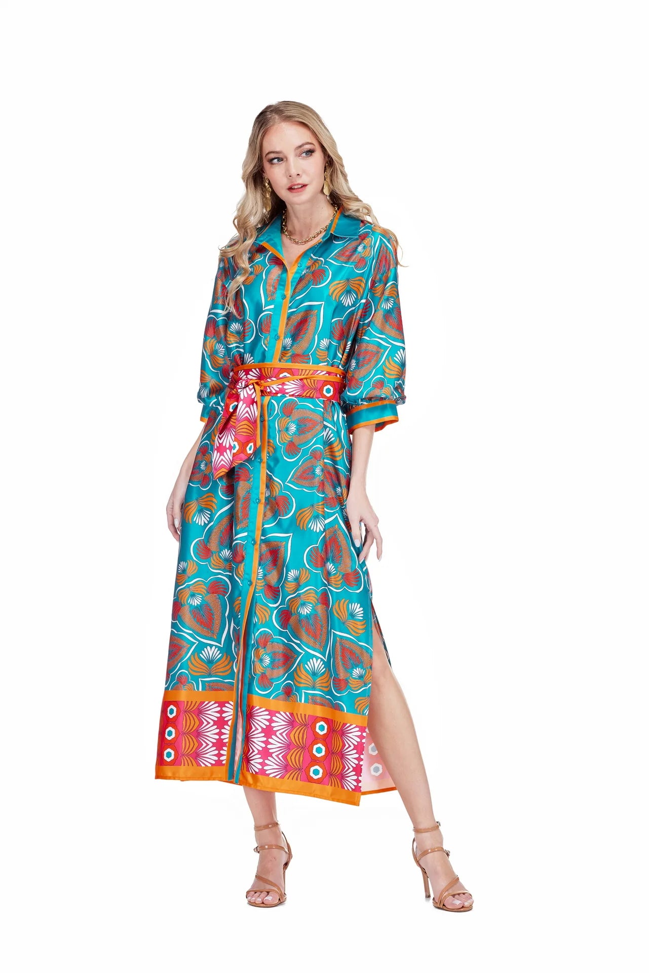 Midi Shirtdress 51" - Tangerine Tide