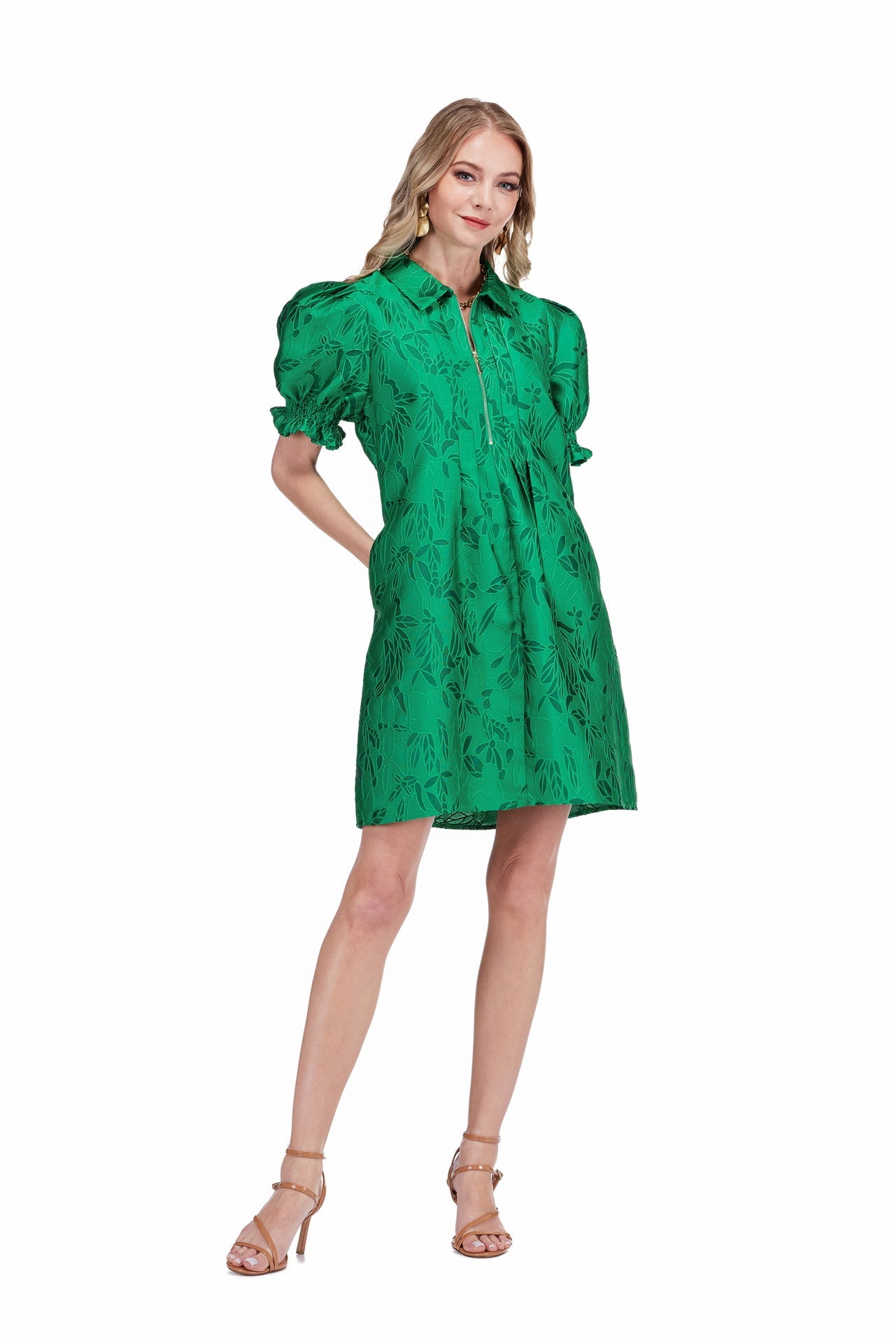 Front Zip Darts Dress - Emerald Stitch Brocade
