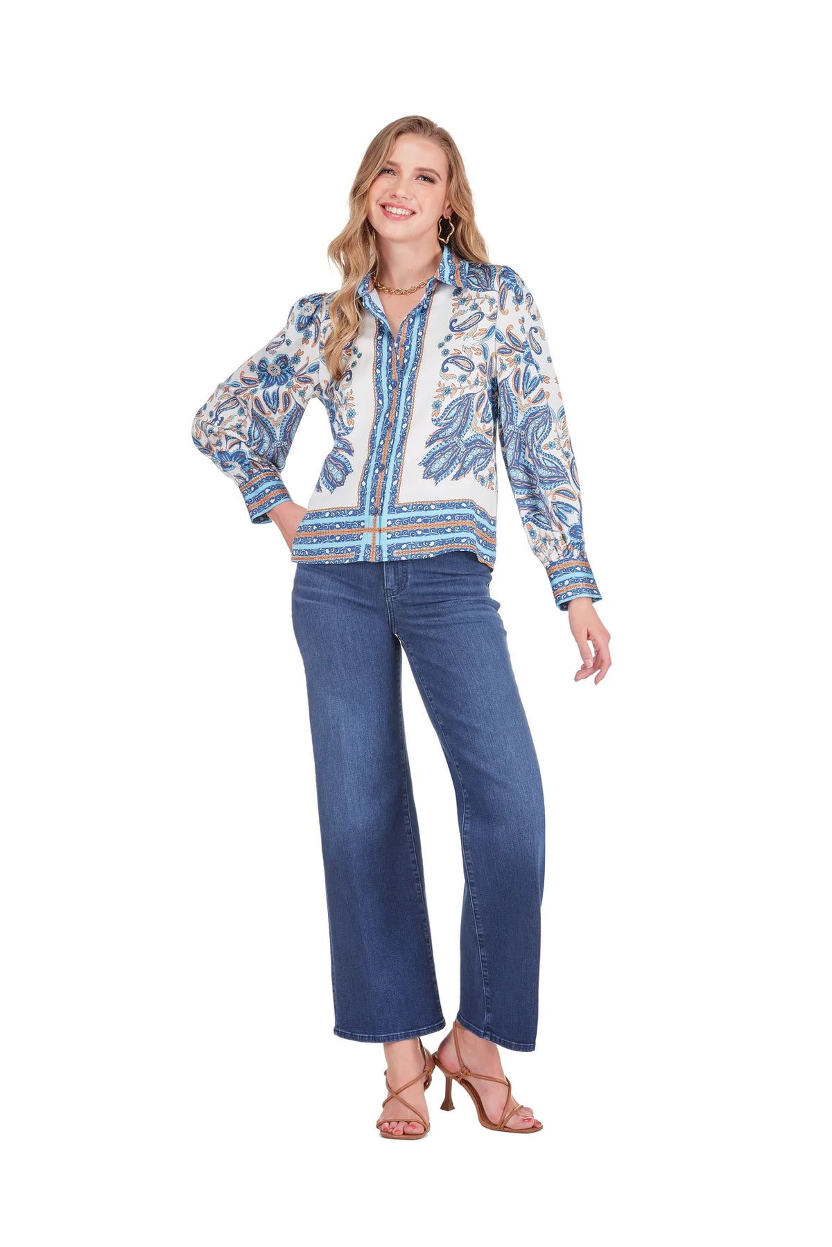 Scarf Puff Sleeve Blouse - Blue Saffron by JOY JOY, stylish women's long sleeve shirt at HCO