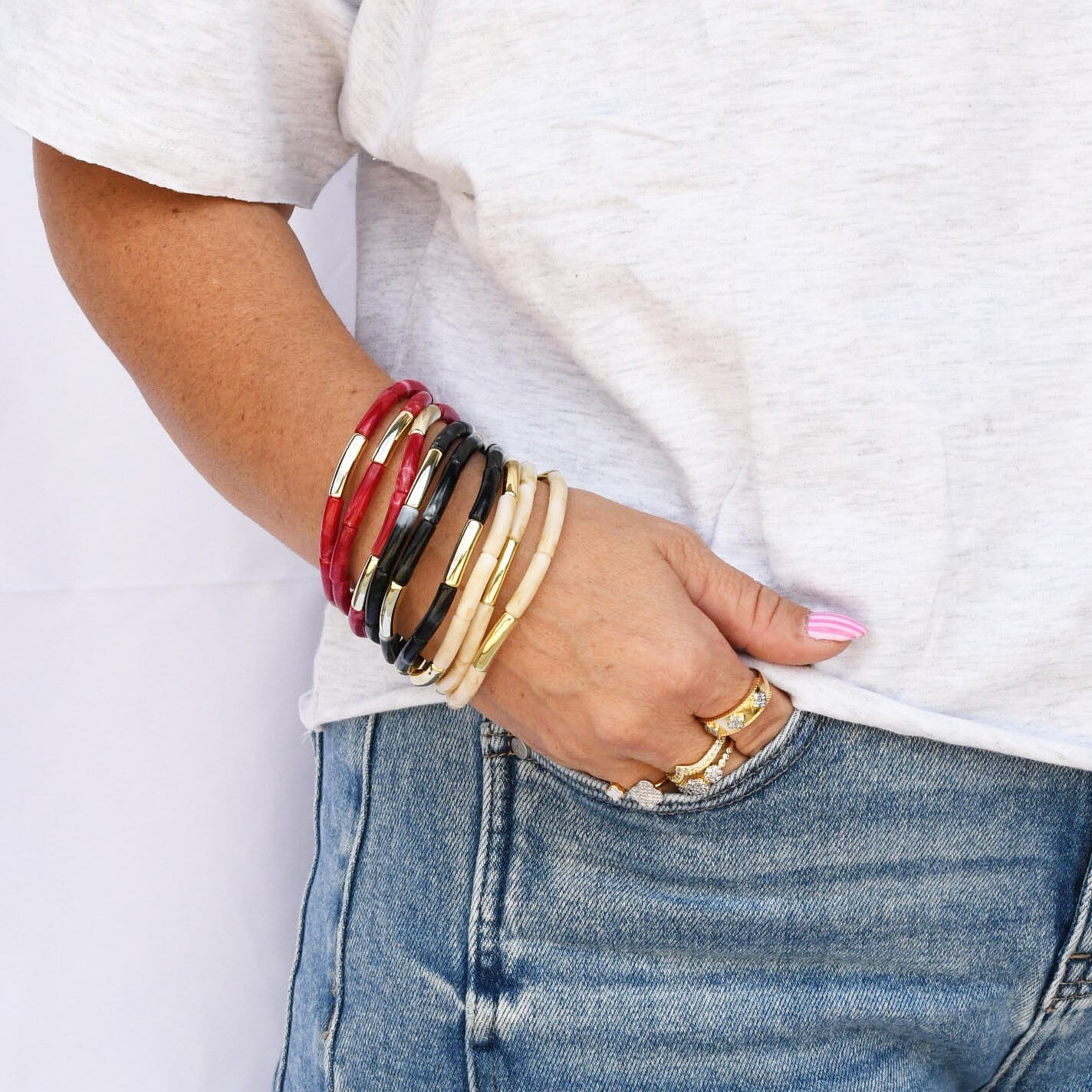 Dainty Glam Stretch Bracelet Set - Olive styled with mixed resin and polished gold accents on wrist