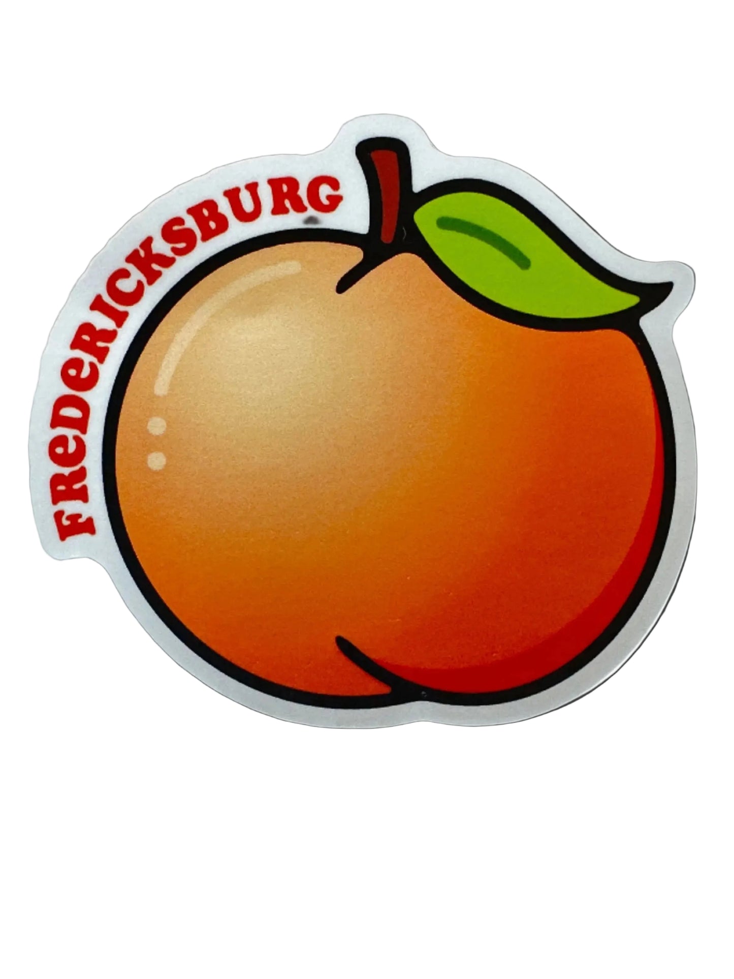 Just Peachy Peach Sticker: orange peach with green leaf, “FREDERICKSBURG” text