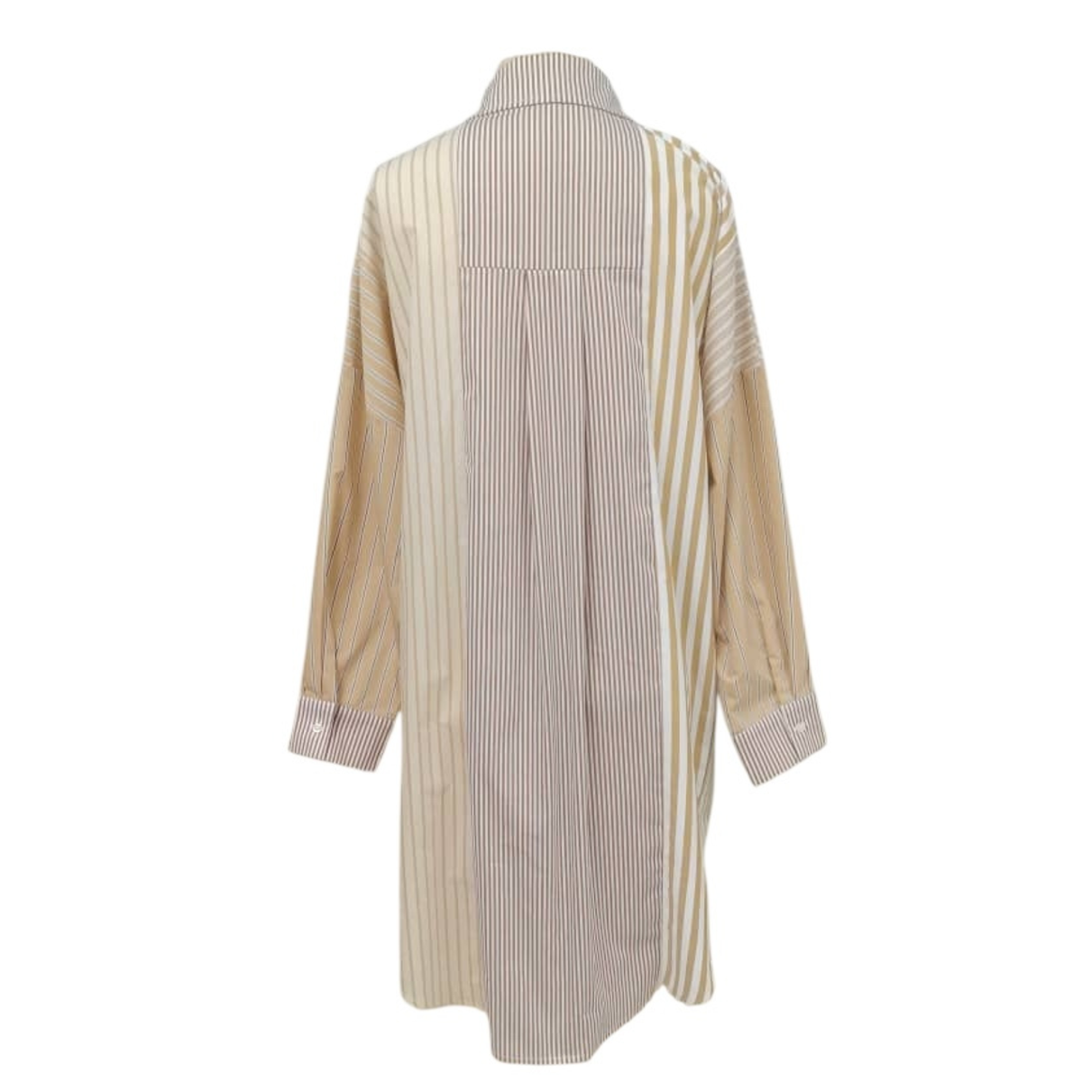Preppy Patchwork Khaki dress with striped geometric pattern, collar, and cuffed sleeves by CARYN LAWN