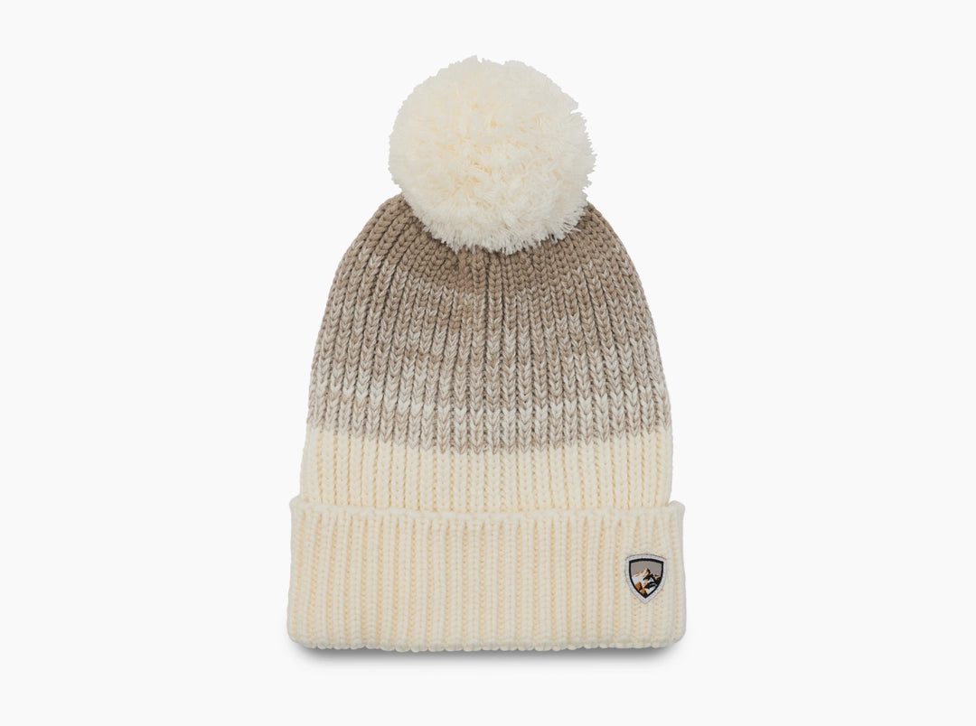 Solace Beanie in beige and tan wool blend with pom-pom and woven KUHL crest patch