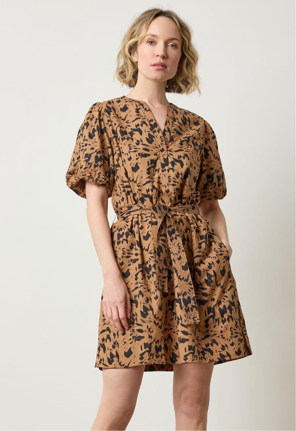 Shirred Sleeve Split Neck Dress - Animal Floral
