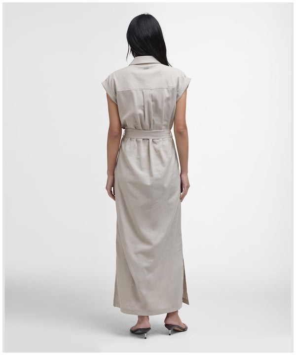 Light sand maxi dress back view with tie waist, back yoke seams and long center slit