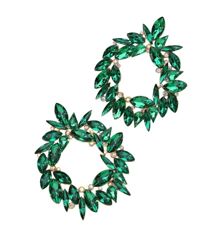 Bring The Drama Statement Earring with geometric green crystals and clear accents in gold by TREASURE JEWELS