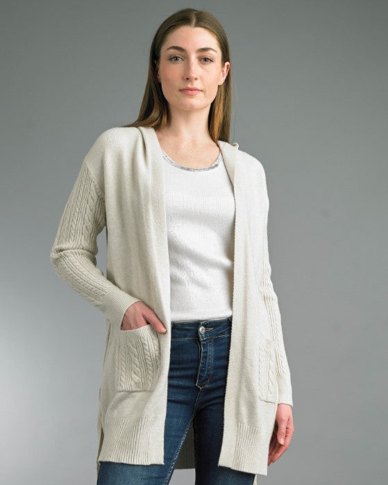Beige cable hoodie sweater front, open cardigan with hood and pocket details
