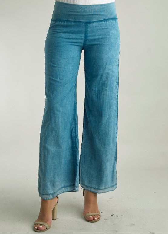 Sea Blue cotton palazzo pants with elastic waistband and flared wide-leg fit