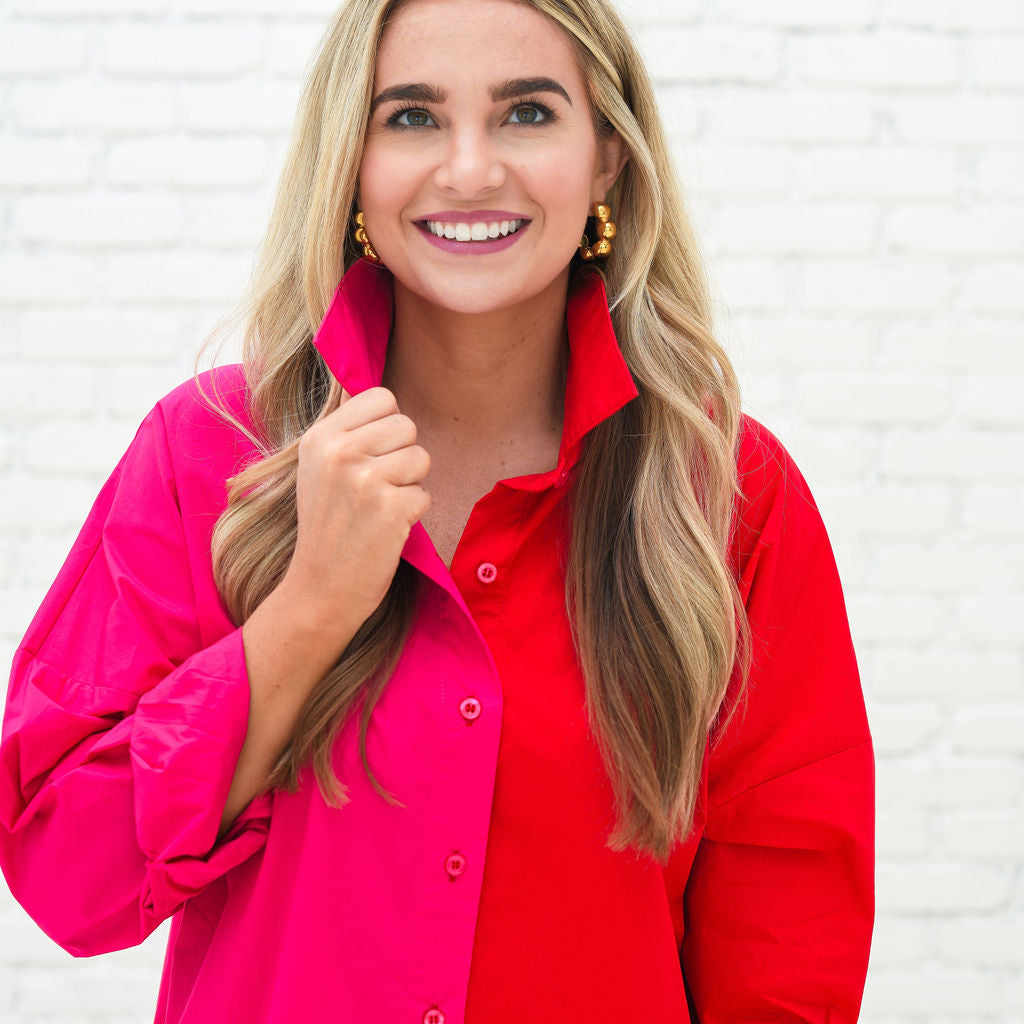 Carter Contrast Dress close-up hot pink & red button placket and contrast collar.