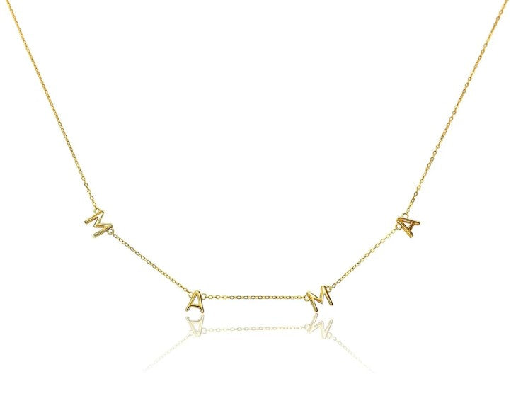 Dear Mama gold necklace with fine chain and letter charm pendants