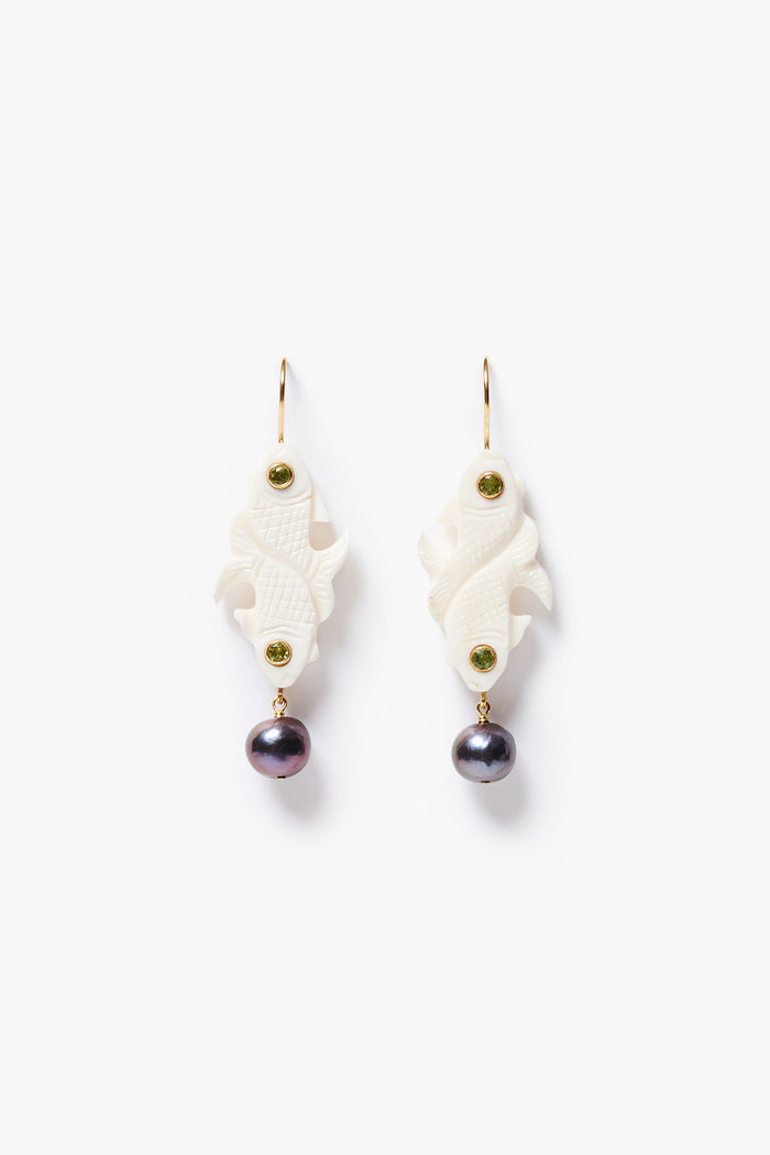 Double Koi Pearl Drop Earrings Peridot with carved bone fish, peridot accents, and peacock pearls