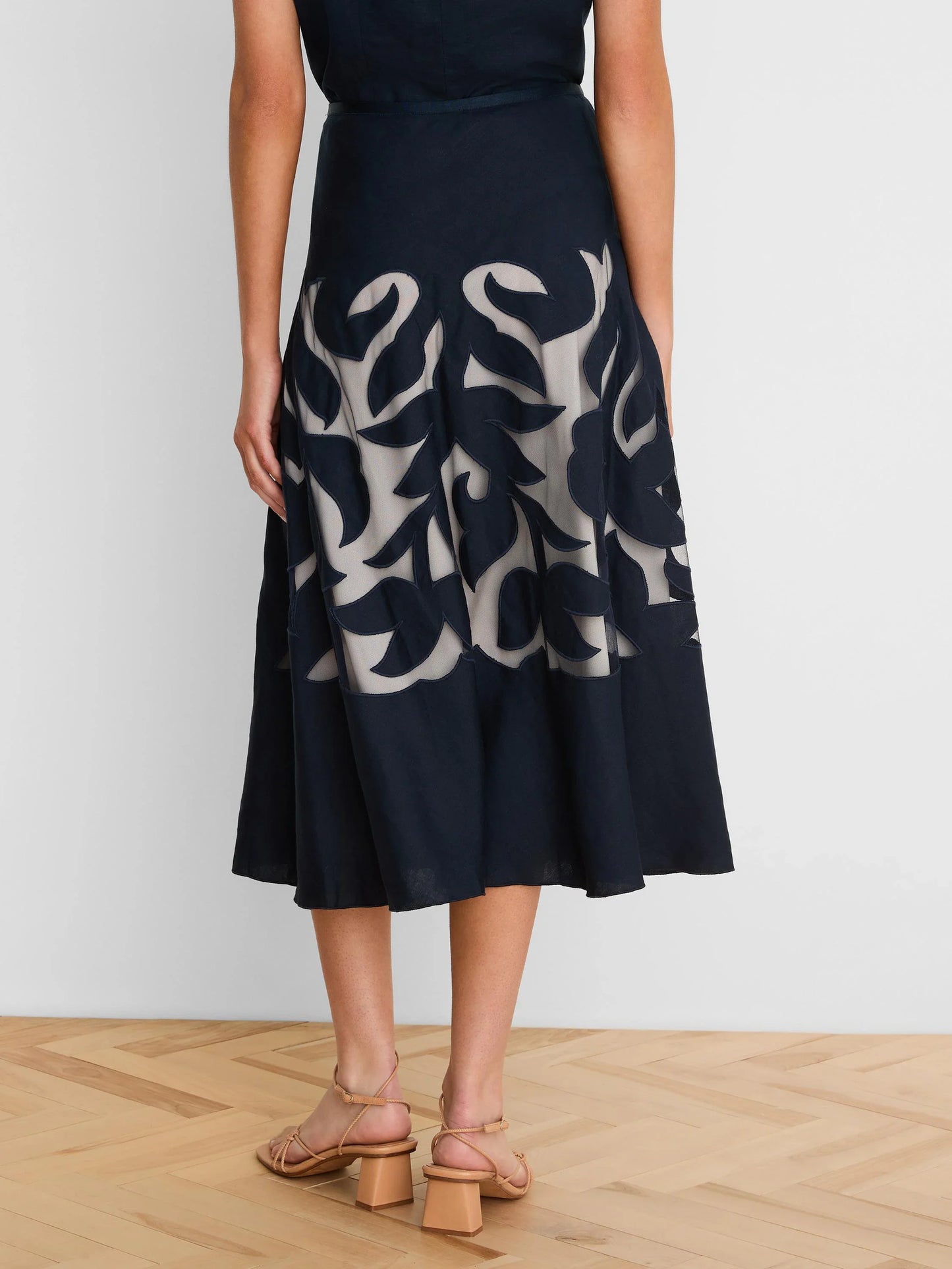Gold Label Antibes Linen Cut Out Skirt in navy with intricate linen cutwork, NIC AND ZOE, women's skirts