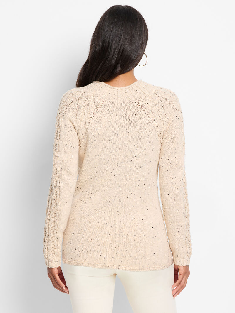 Nougat beige cable knit sweater for women, back view, crew neck and ribbed cuffs