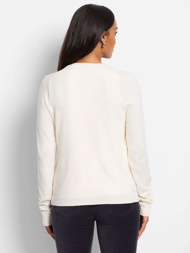 Cream cardigan back view with long sleeves and ribbed cuffs