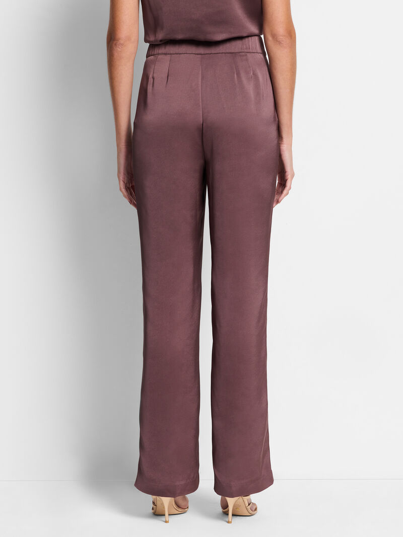 Eliot wide-leg satin pants, chai plum, back view with smooth waistband