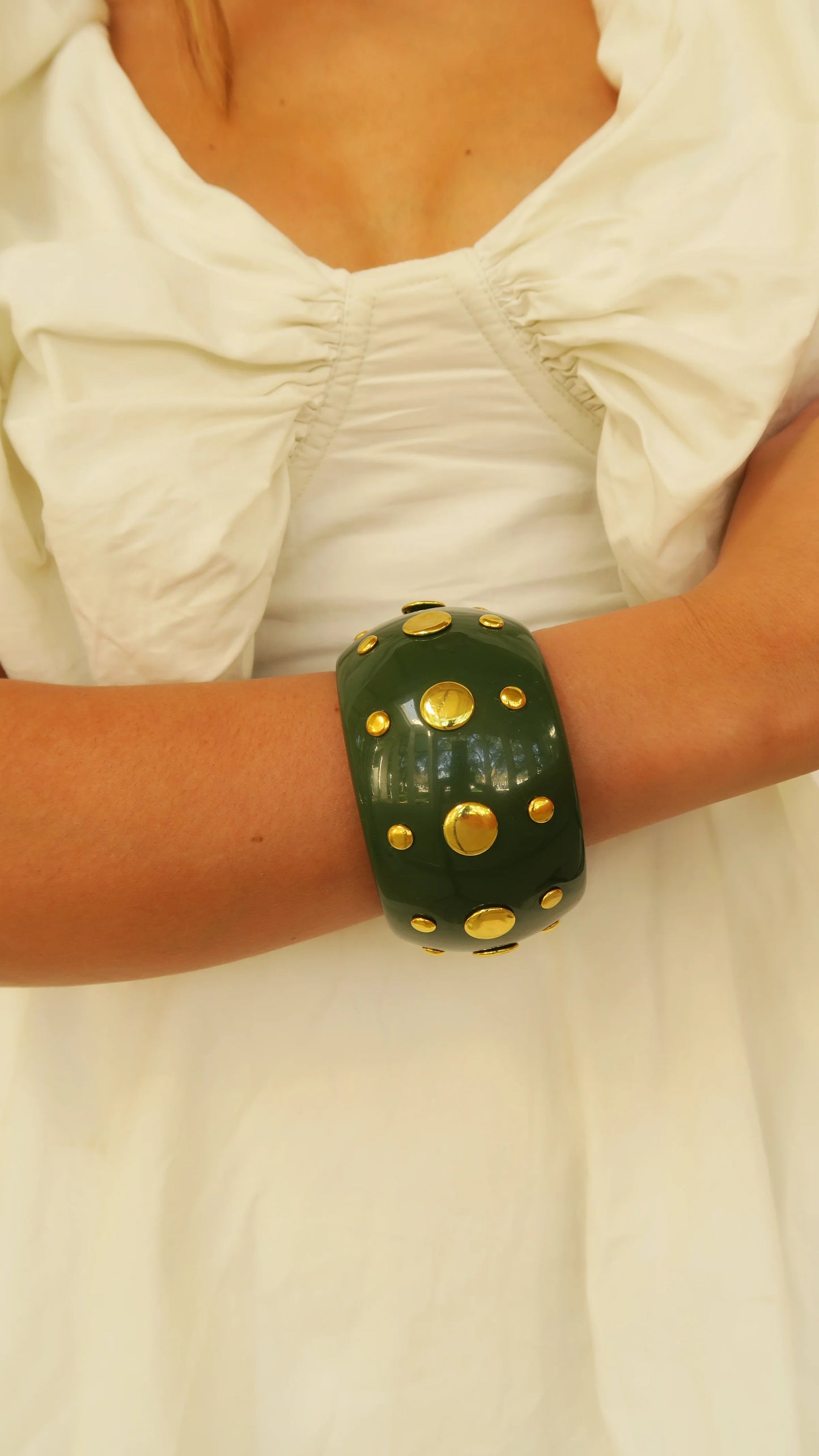 Bowie Bangle in dark green resin with gold-plated studs, Women's Jewelry, ACCESSORY CONCIERGE, HCO
