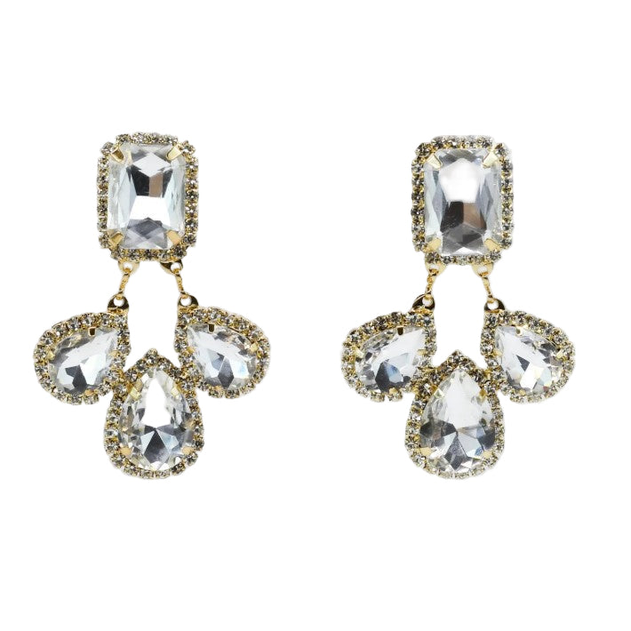 Gold Starlet Earring with cascading clear crystals and geometric rhinestones by TREASURE JEWELS