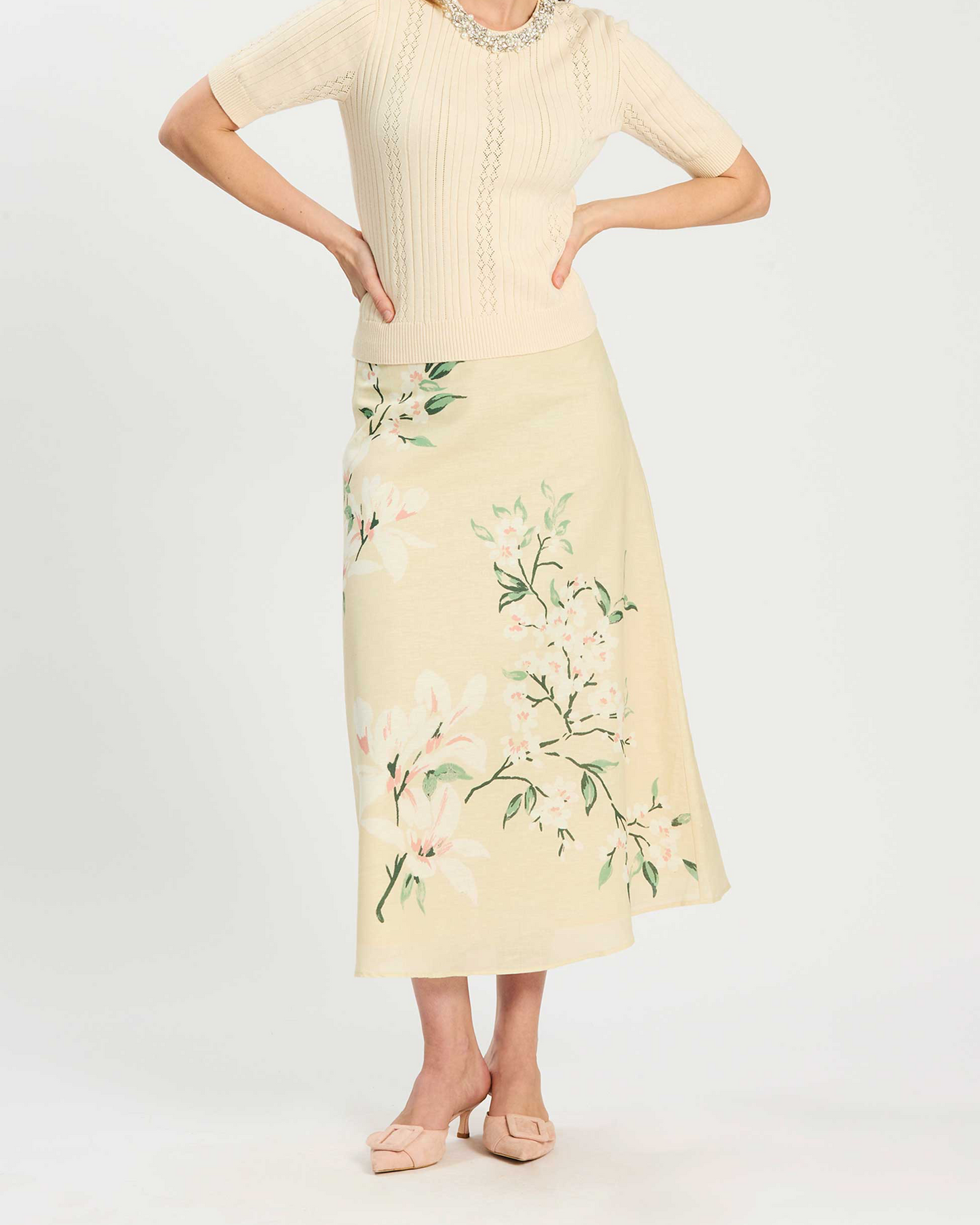 Valentina Starling Floral Skirt in soft linen with floral design, Tyler Boe at HCO Fredericksburg