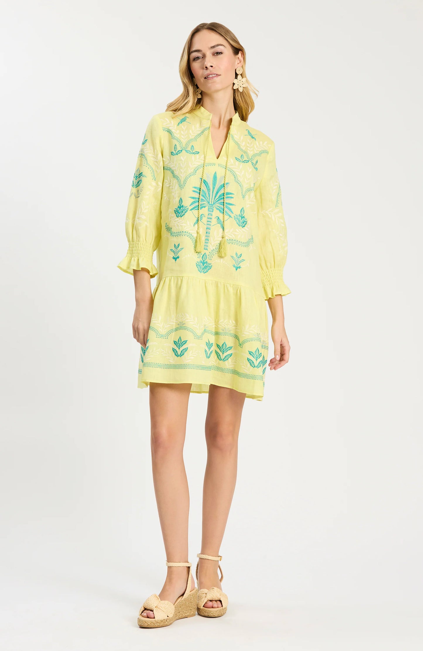 Nikki Linen Embroidered Dress in sunny lime with blue embroidery, relaxed fit, Tyler Boe style