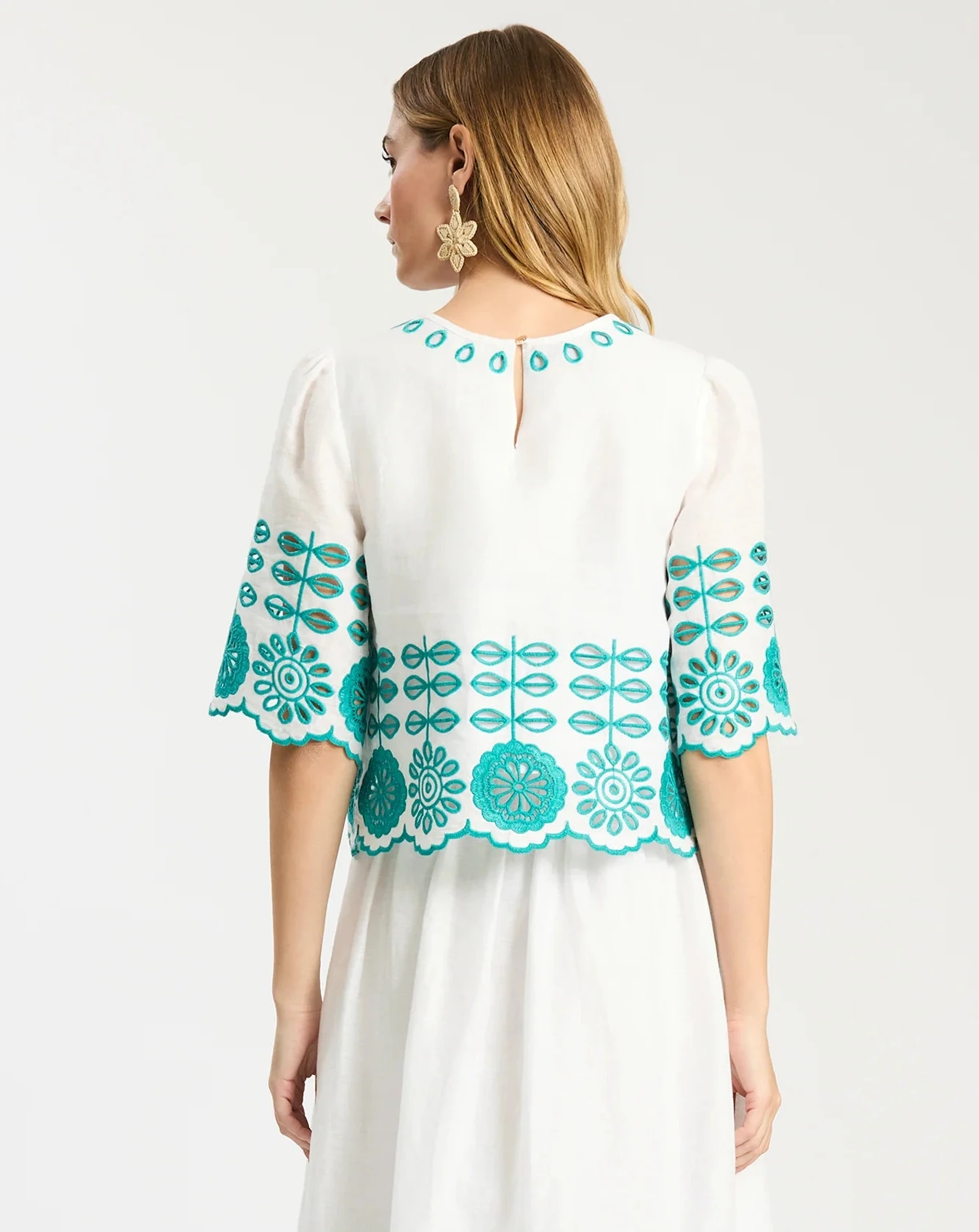 Isla Embroidered Top in white linen with turquoise floral embroidery, Tyler Boe, HCO boutique